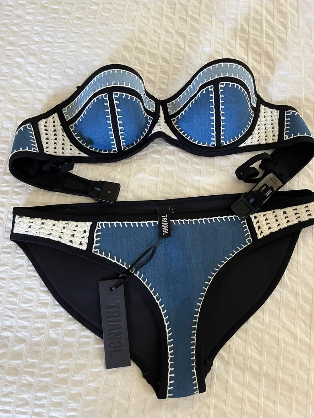 triangl swimwear Blue and White Crochet-Trim Bikini Set